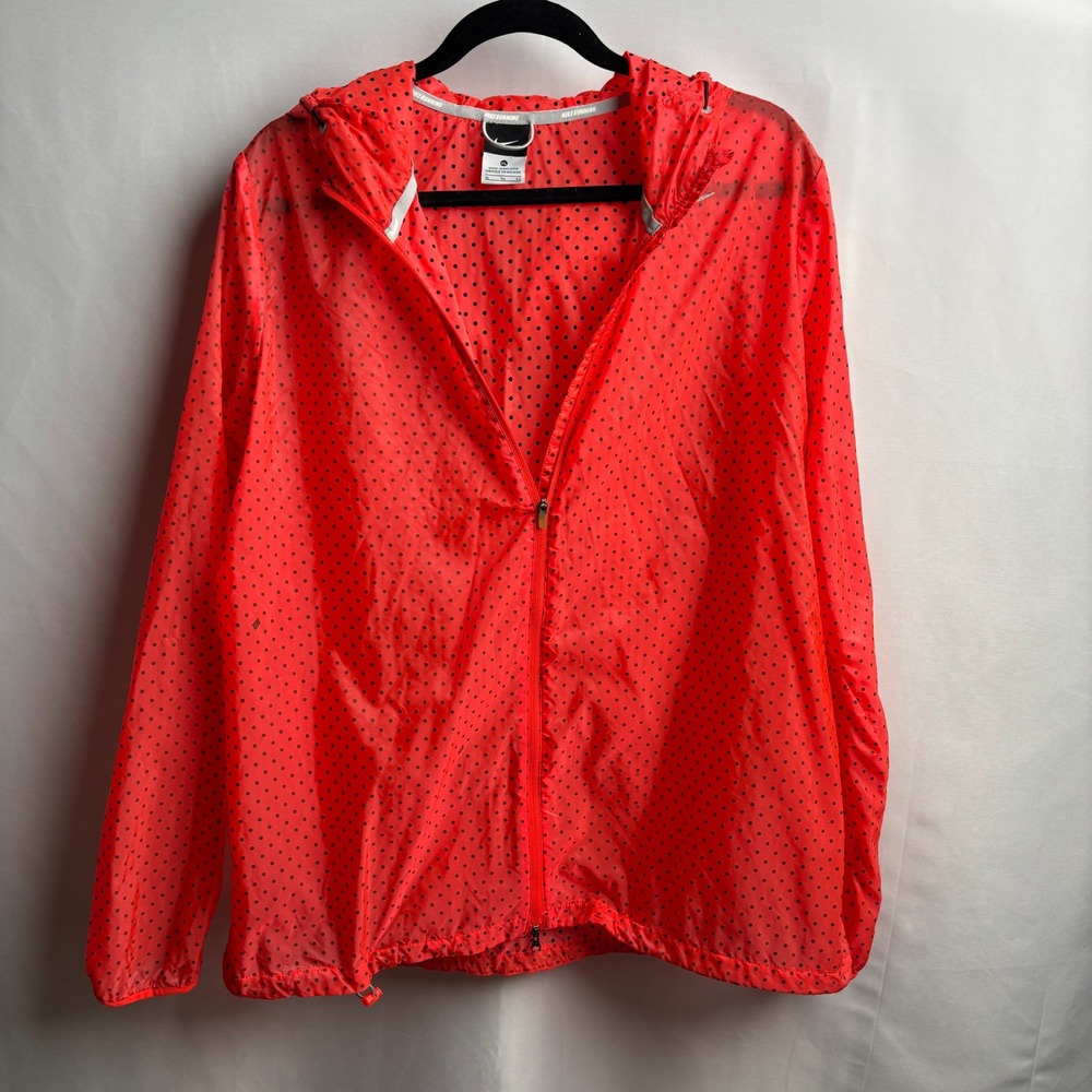 Nike Windbreaker Jacket Womens XL Neon Coral Pink Red Polka Dot Hooded Full Zip